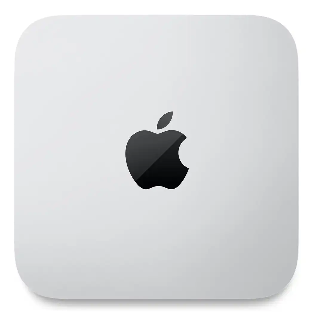 Apple Mac Mini con logo en color negro sobre fondo gris claro, ideal para reparación y componentes d.