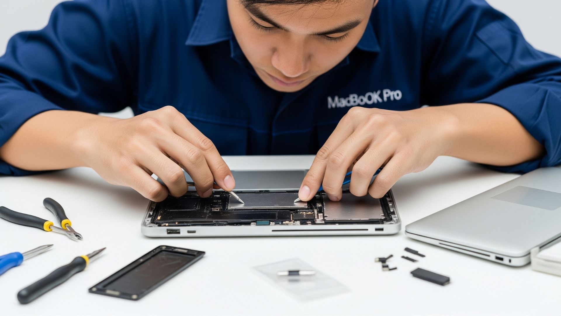 Técnico reparando la placa lógica de un MacBook