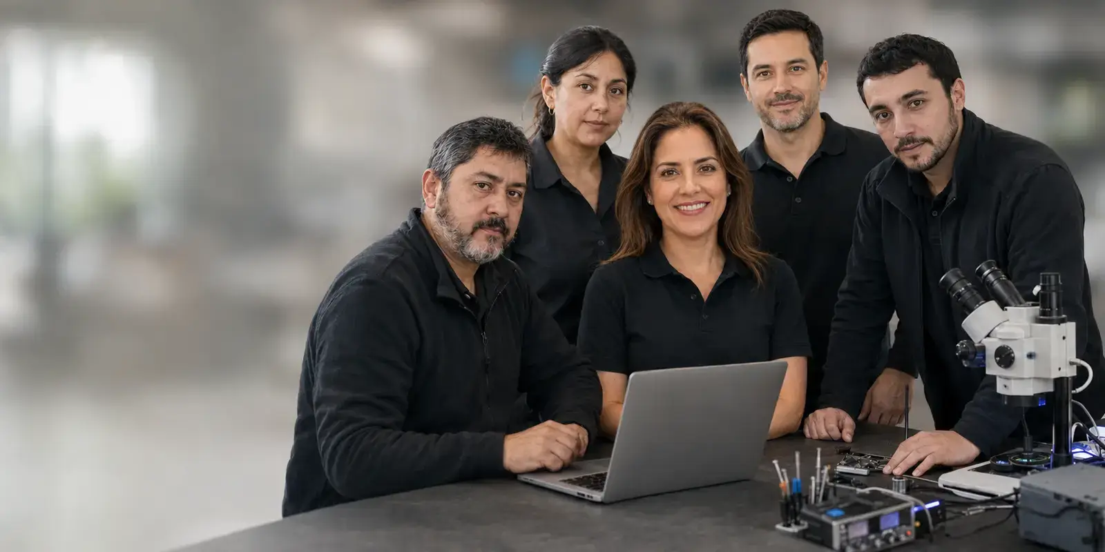 Cinco integrantes del equipo técnico de MacPartes reunidos ante un fondo técnico desenfocado