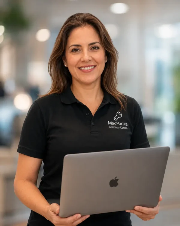Mujer sosteniendo un MacBook para MacPartes Santiago Centro