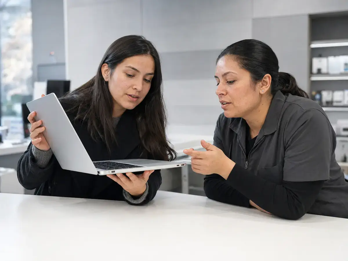 Clienta y técnica revisando el perfil y el puerto de carga de un notebook delgado