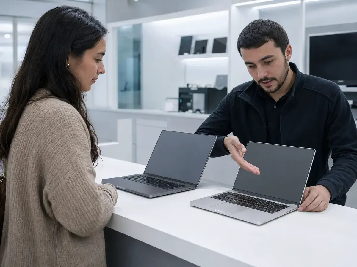 Técnico mostrando dos modelos de notebook de aluminio a una clienta
