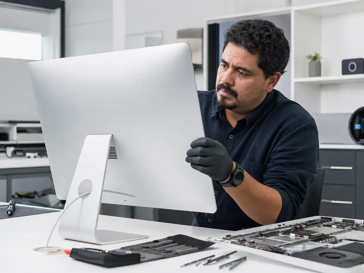 Técnico inspeccionando un computador todo en uno de aluminio