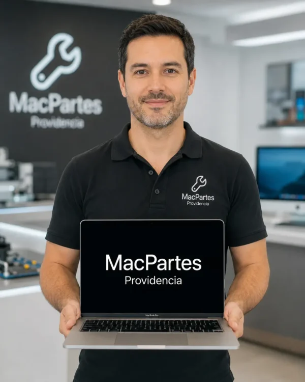 Persona sosteniendo un MacBook en el local MacPartes Providencia