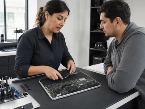 Técnica explicando a un cliente una mejora de almacenamiento en un notebook compatible