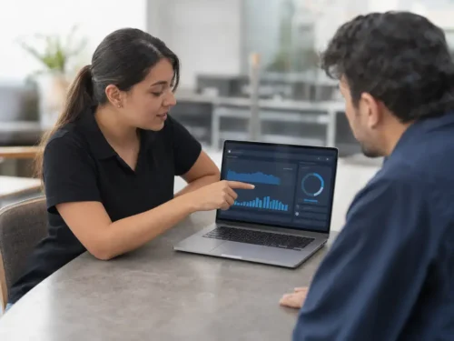 Técnica explicando a un cliente el diagnóstico de rendimiento de su MacBook